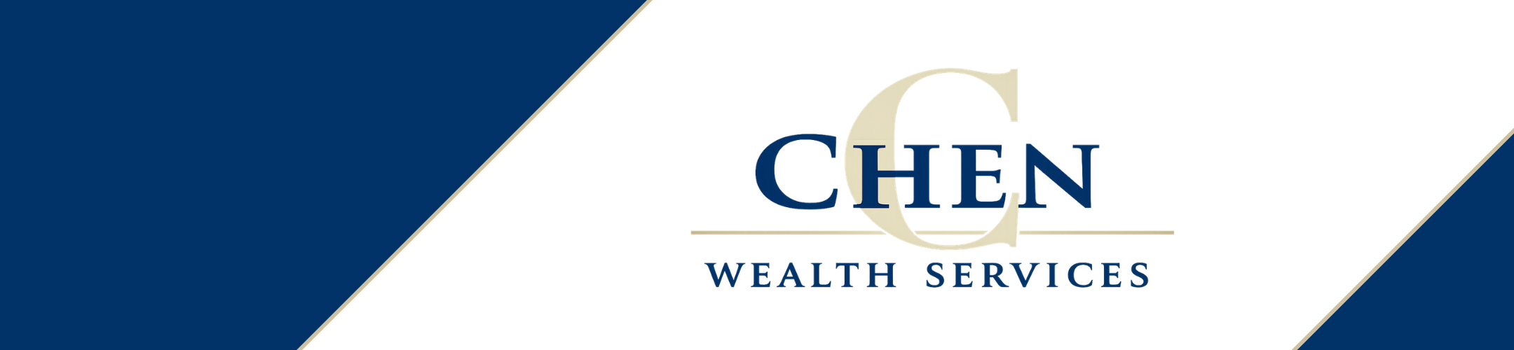 Chen Wealth Services logo with navy blue and gold text on a white background, bordered by two diagonal navy blue bars on the left and right.