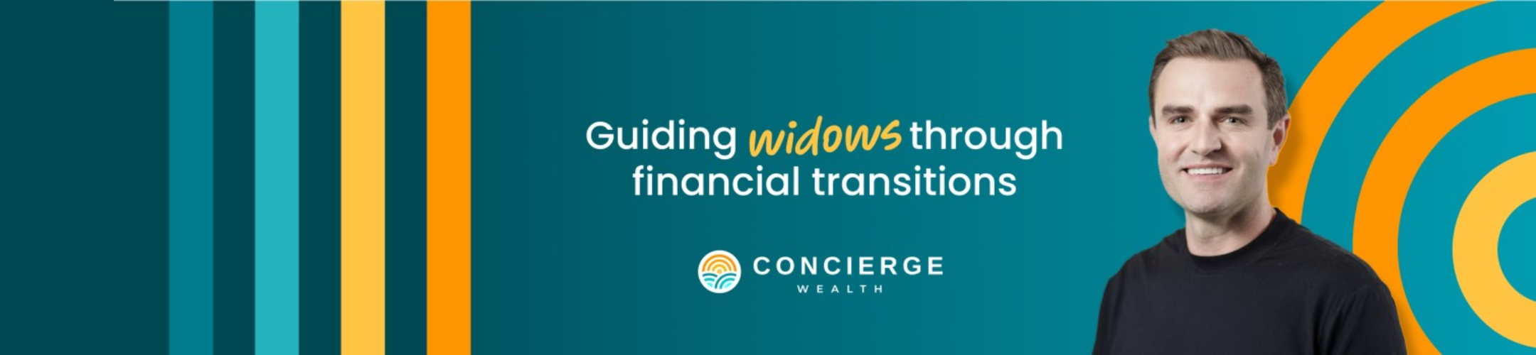 A man in a black shirt smiles beside the text 