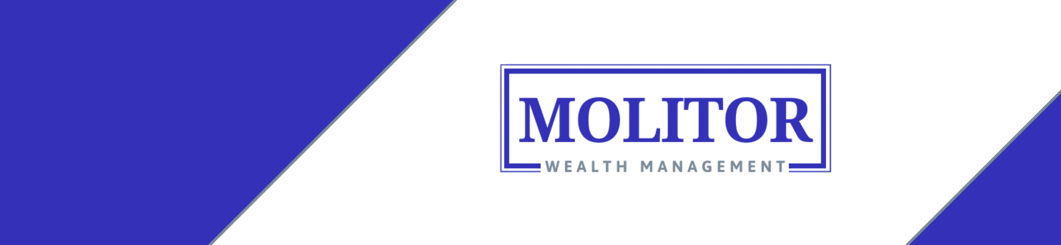 Logo for Molitor Wealth Management with bold blue text centered on a white background, bordered by diagonal blue bands on the top left and bottom right.