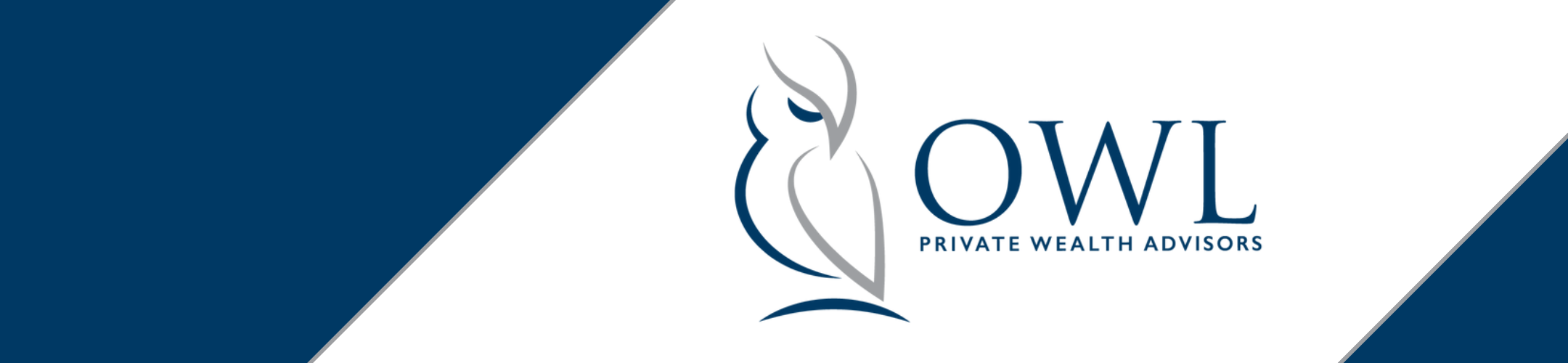 Logo for OWL Private Wealth Advisors featuring a minimalist owl outline next to the text “OWL PRIVATE WEALTH ADVISORS” on a white and dark blue geometric background.
