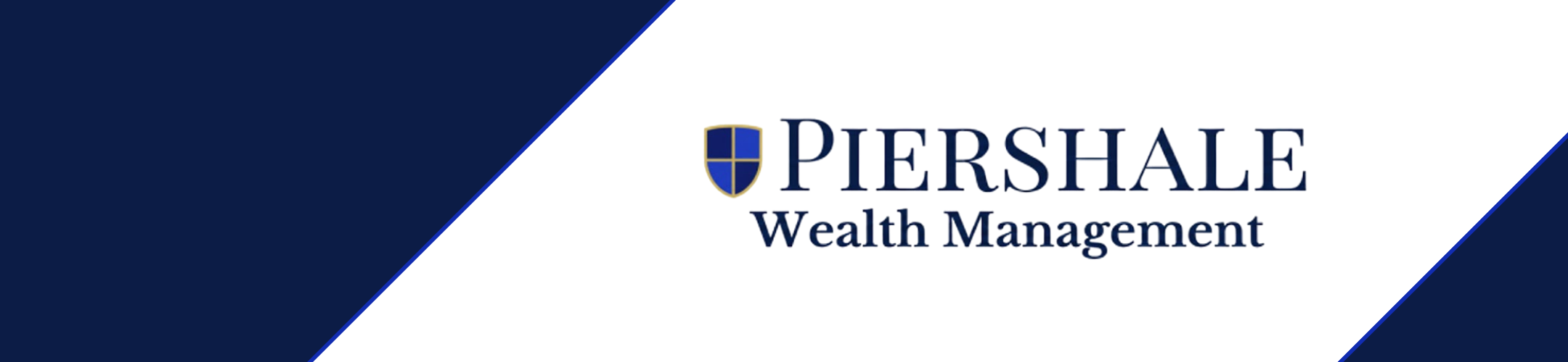 Piershale Wealth Management logo with a blue and gold shield icon on a white background, framed by navy blue diagonal corners.