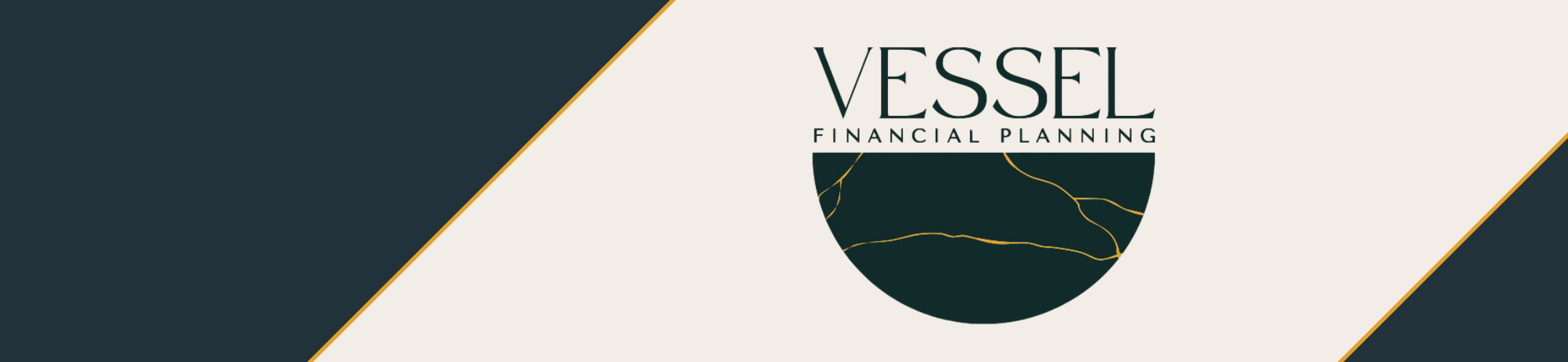 Logo for Vessel Financial Planning on a cream background with diagonal navy blue corners and a navy half-circle featuring thin gold lines beneath the company name.
