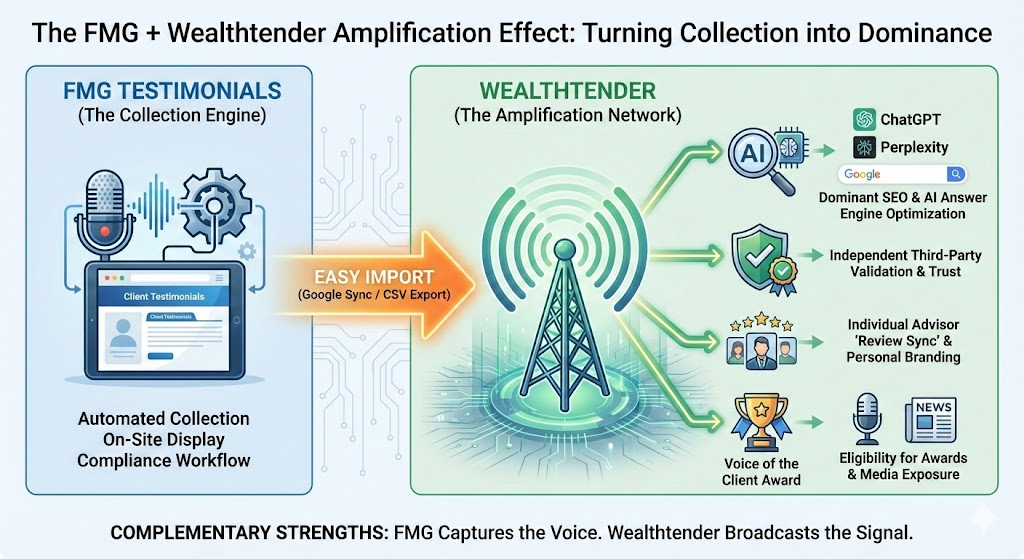 Infographic showing FMG testimonials collection (via automated online display) being imported to Wealthtender, which amplifies reviews using AI, SEO, third-party validation, and advisor branding for broader visibility and compliance.