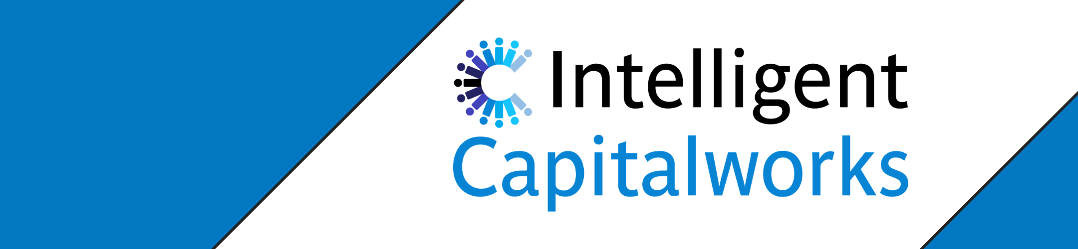 Logo for Intelligent Capitalworks on a white background with blue diagonal borders. The logo includes a circular abstract icon and the company name in black and blue text.