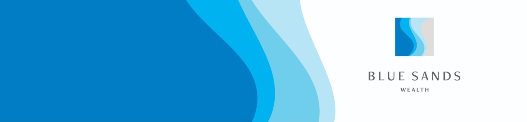 Abstract blue waves on the left merge into a white background. On the right, a logo with curved blue and gray shapes above the text 