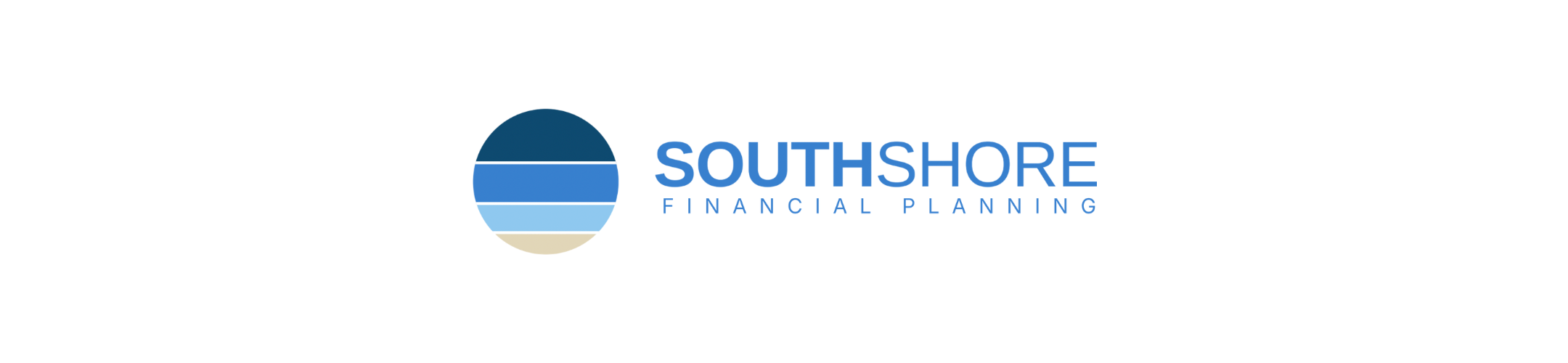 Logo for South Shore Financial Planning, featuring a circle with horizontal blue and beige stripes resembling a stylized sunset over water, and the company name in blue text to the right.