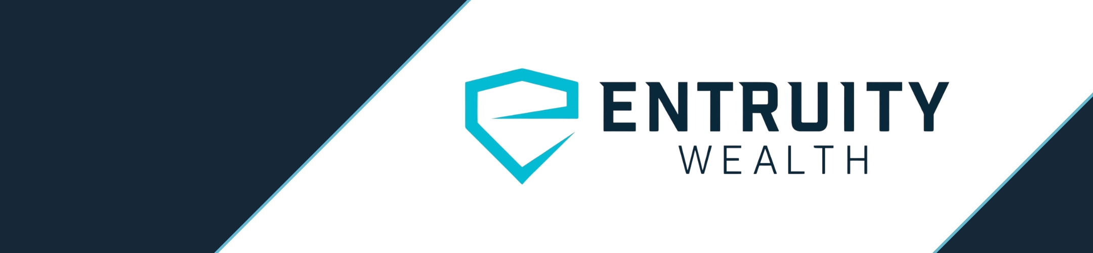 Entruity Wealth logo with a blue geometric shield and stylized 'E' on a white background bordered by dark blue diagonal stripes.