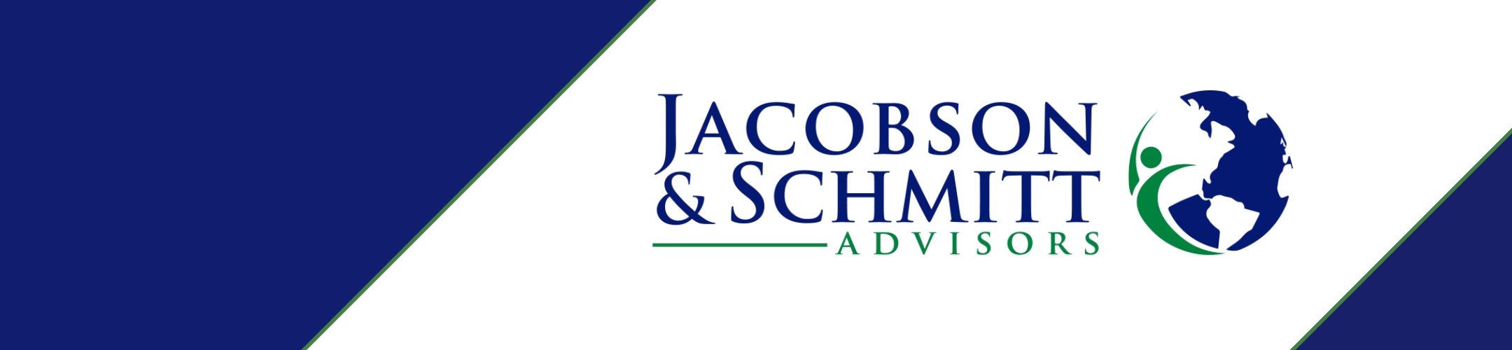 Jacobson & Schmitt Advisors logo with blue and green text next to a globe graphic featuring a stylized person, all on a white background with blue diagonal borders.