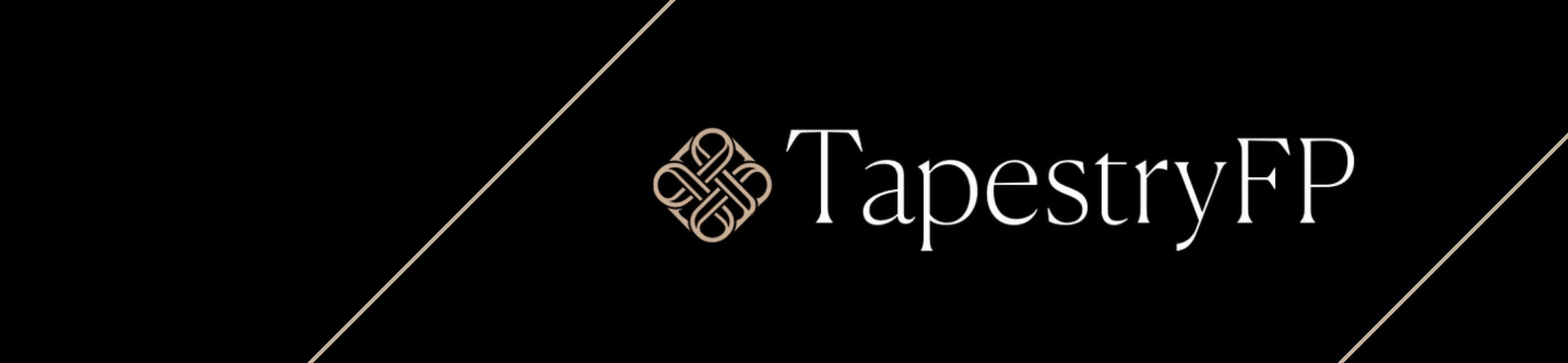 Black background with two diagonal beige lines and a beige decorative knot logo next to the white text 